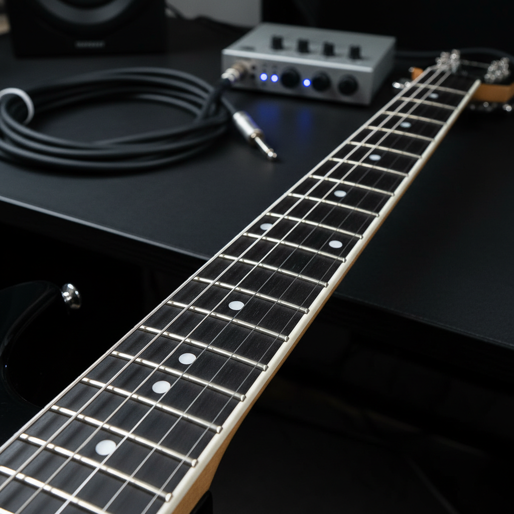 An articulated close-up of an electric guitar’s fretboard in pristine condition, showcasing polished stainless steel frets and dark ebony wood with sharp, crisp white dot inlays. The guitar lies on a black, slightly textured recording studio desk beside a coiled instrument cable and a small audio interface, all partially out of focus. Cool, controlled studio lighting from above creates precise highlights on the fret edges and a gentle gradient across the neck. Captured from a low, diagonal angle towards the headstock with a shallow depth of field, the composition feels technical and analytical, perfectly suited for professional gear reviews and in-depth guitar discussions in photographic realism.