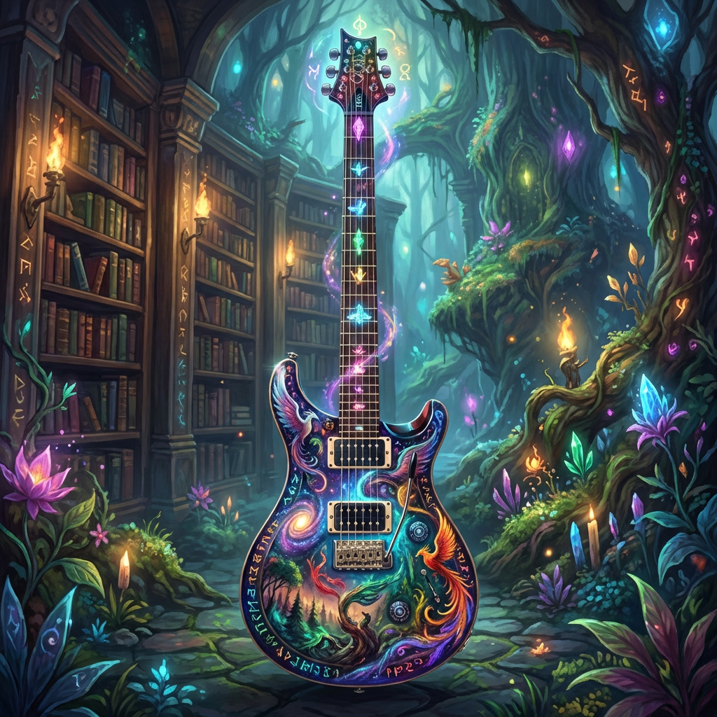 PRS electric guitar with a grey flamed maple top on a stand in a studio.